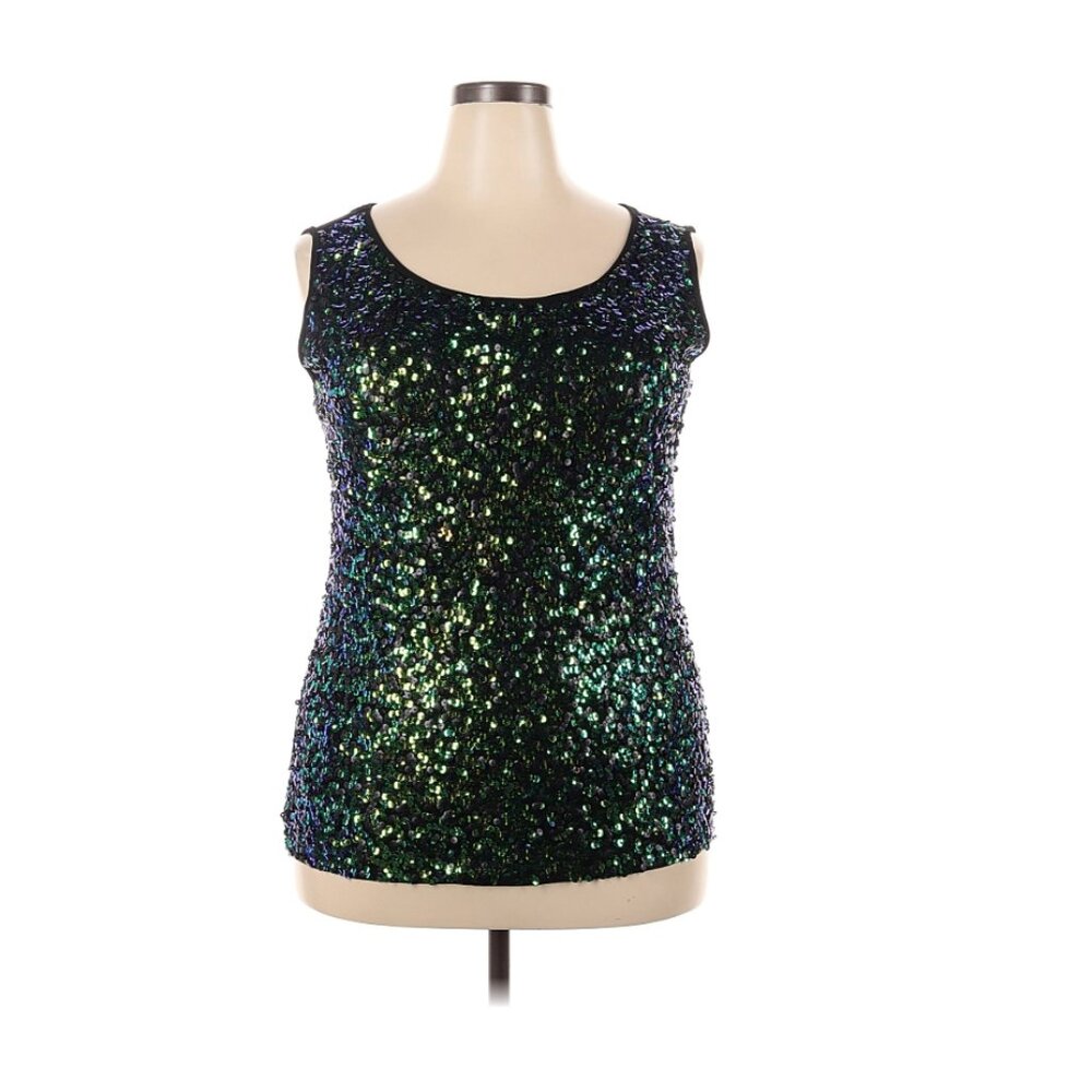 Anna-Kaci Plus Size Sleeveless Sequin Sparkle Shine Tank Top In Green/Black